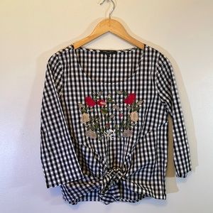 Plaid Tie Front Shirt with Floral Detail
